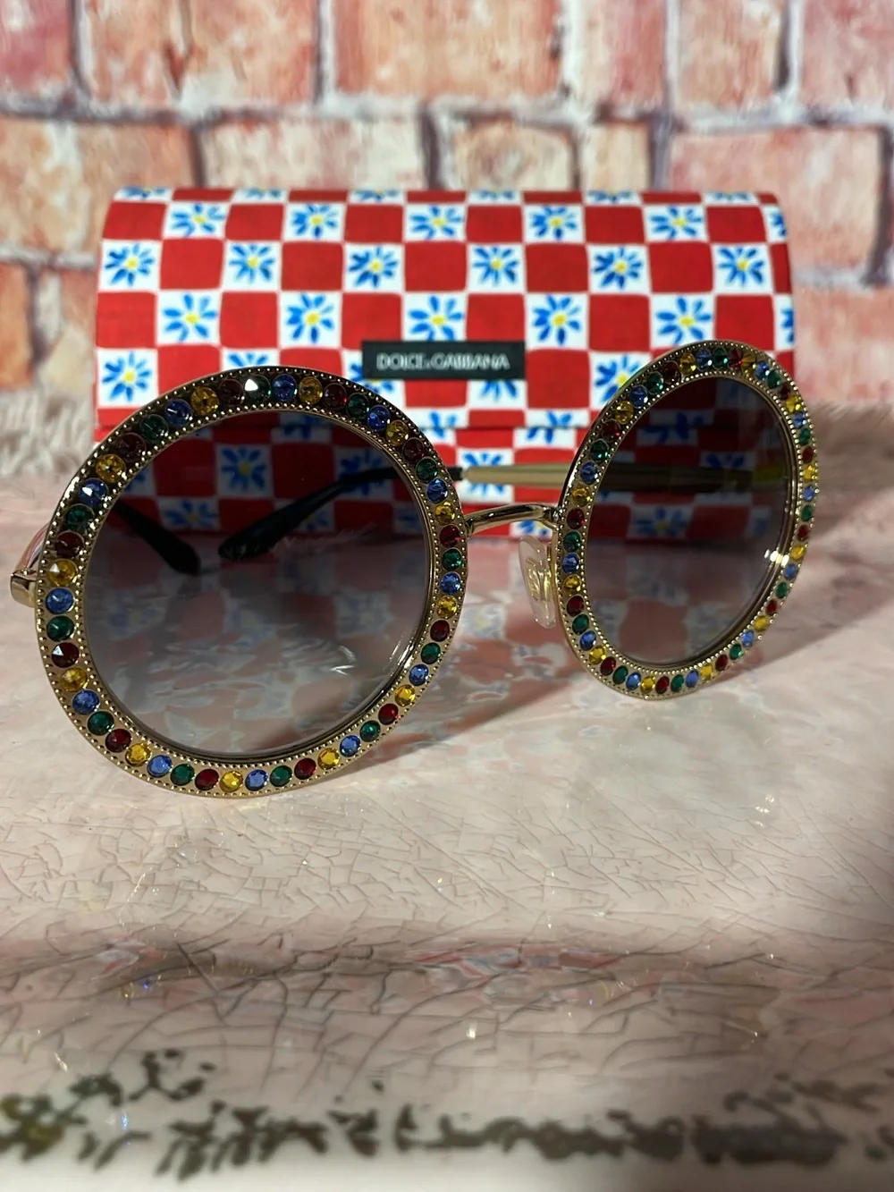 Dolce & Gabbana Gold Round Sunglasses with Multicolor Crystal Accents